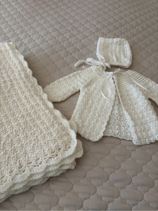 Other - Handmade Crocheted Baby Set - Cream Blanket & Jacket with Bonnet